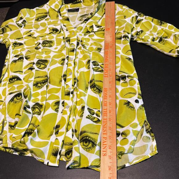 Milk & Honey Shirt Womens Small Green Eye Print Graphic Button Up Rayon - Picture 5 of 7
